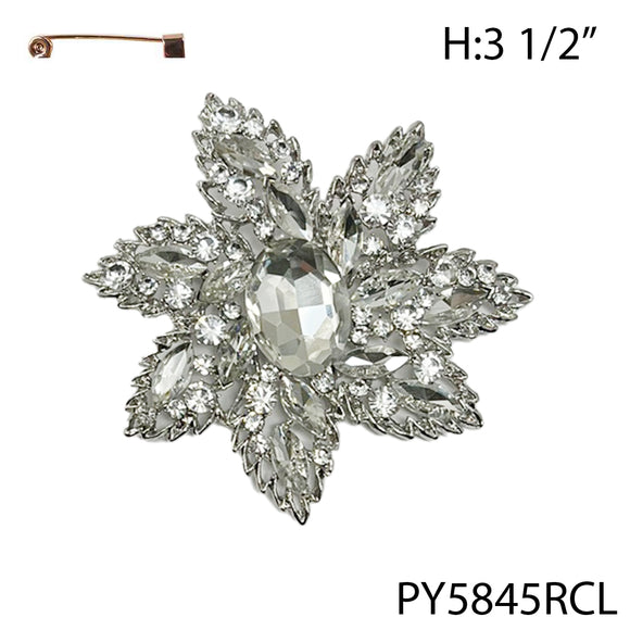 SILVER CLEAR STONE FLOWER BROOCH ( 5845 RCL )