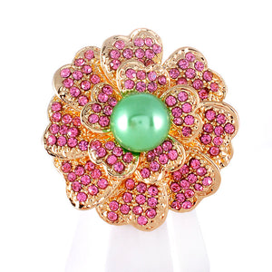 1.5" Silver with GREEN PINK PEARLS Rhinestone Flower Stretch Ring ( 1247 PNG )