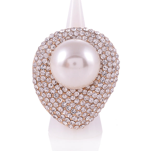 GOLD RING CLEAR STONES CREAM PEARL STRETCH ( 1345 GCP )
