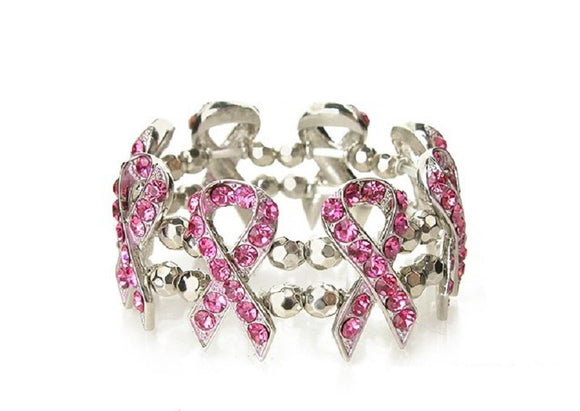 SILVER PINK RIBBON STRETCH BRACELET PINK STONES ( 0027 3P )