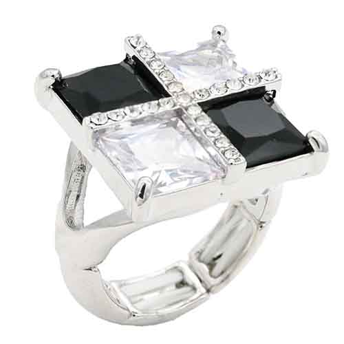 SILVER PLATED CLEAR BLACK CZ STRETCH RING ( 2275 SVBW )