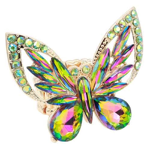 Gold Butterfly Stretch Ring Vitrail Oil Spill Stones ( 2415 GRAB )