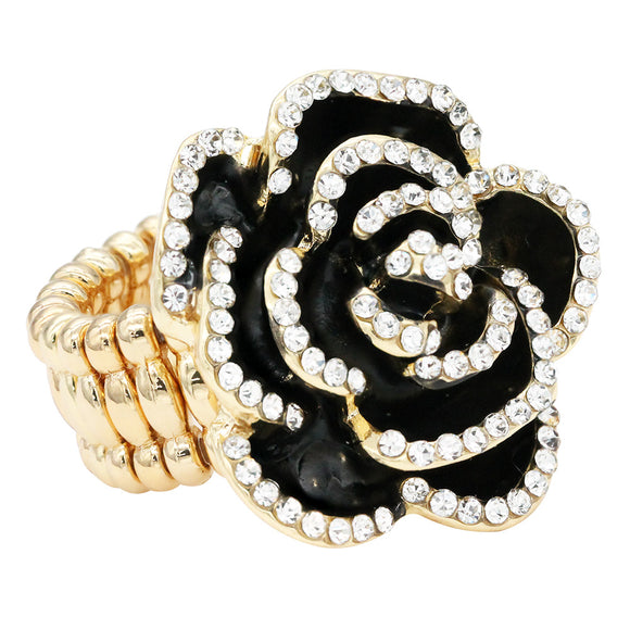 GOLD PLATED BLACK ROSE FLOWER STRETCH RING ( 2728 GDBK )