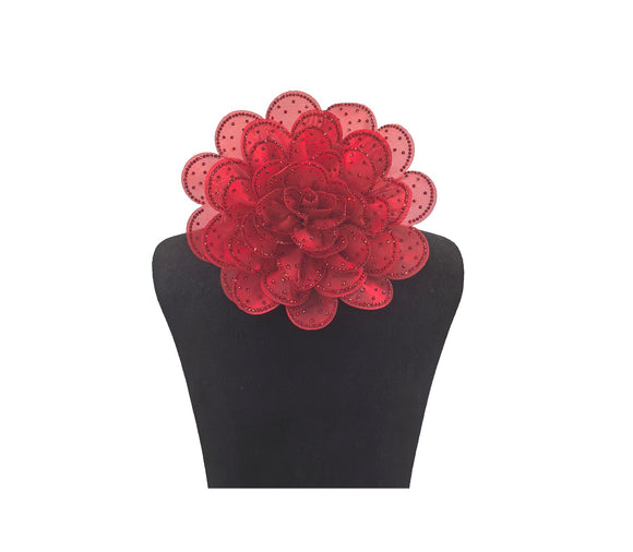 RED LARGE FABRIC FLOWER BROOCH RED STONES ( 0045 RDRD )