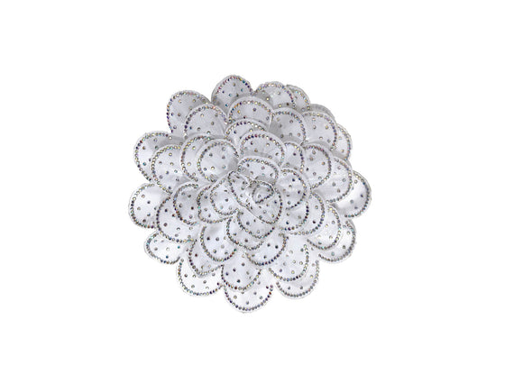 WHITE LARGE FABRIC FLOWER BROOCH AB STONES ( 0045 WHAB )