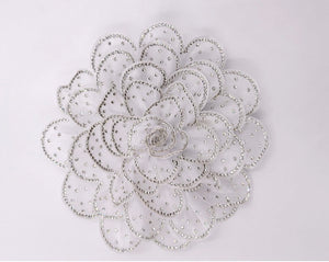 WHITE LARGE FABRIC FLOWER BROOCH CLEAR STONES ( 0045 WHCL )