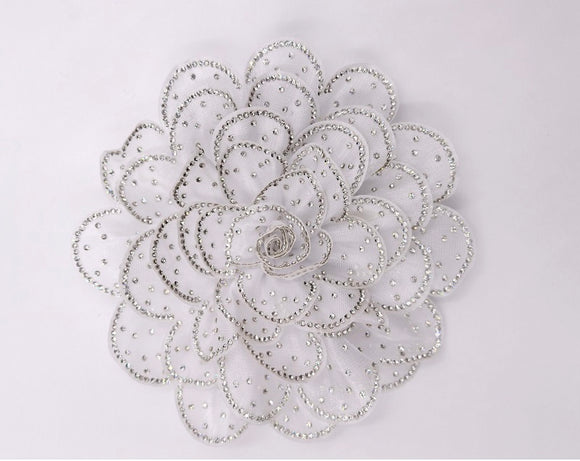 WHITE LARGE FABRIC FLOWER BROOCH CLEAR STONES ( 0045 WHCL )