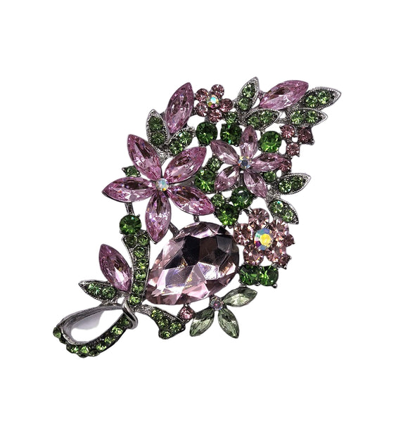 SILVER PINK GREEN FLORAL BROOCH ( 0047 3PG )