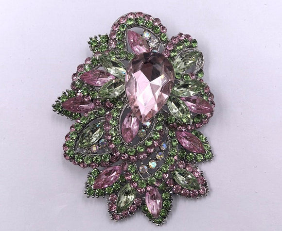 SILVER BROOCH PINK GREEN STONES ( 0055 3PG )