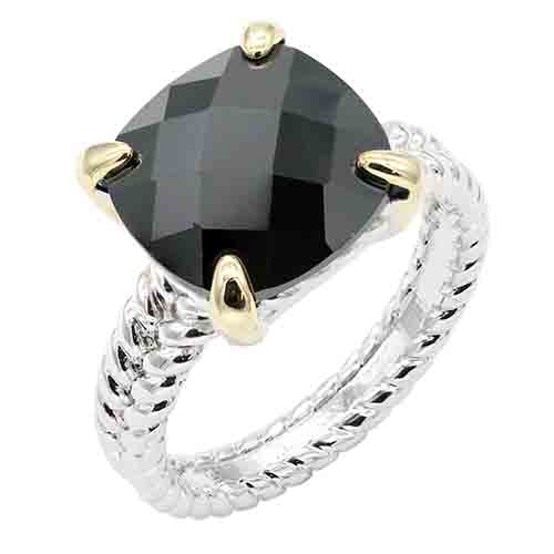 SILVER GOLD RING BLACK CZ STONE SIZE 7 ( 4603 BK )