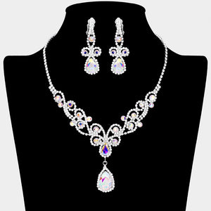 SILVER CLEAR AB Rhinestone Swirly Design Necklace Set ( 0119 1X )