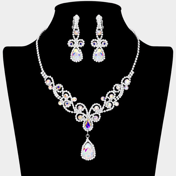 SILVER CLEAR AB Rhinestone Swirly Design Necklace Set ( 0119 1X )