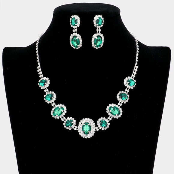 SILVER NECKLACE SET GREEN ( 10787 EM )