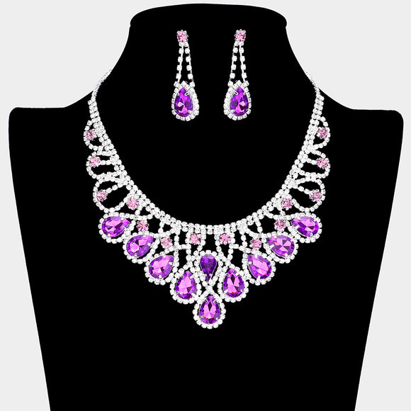 SILVER NECKLACE SET AMETHYST CLEAR STONES ( 15237 AMY )