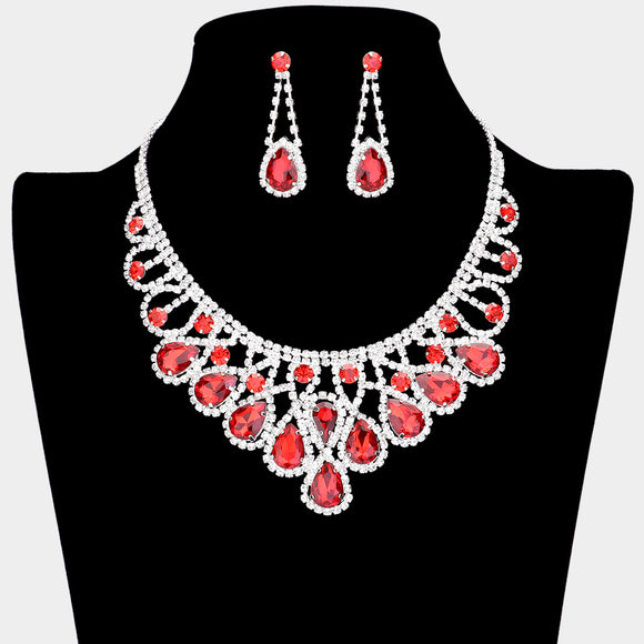 SILVER NECKLACE SET RED CLEAR STONES ( 15237 SRD )