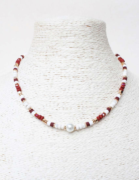 BURGUNDY WHITE BEAD NECKLACE ( 7032 BUWH )