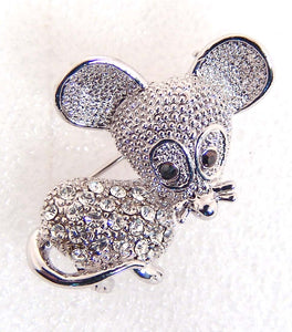 SILVER MOUSE BROOCH CLEAR CZ STONES ( 373 )