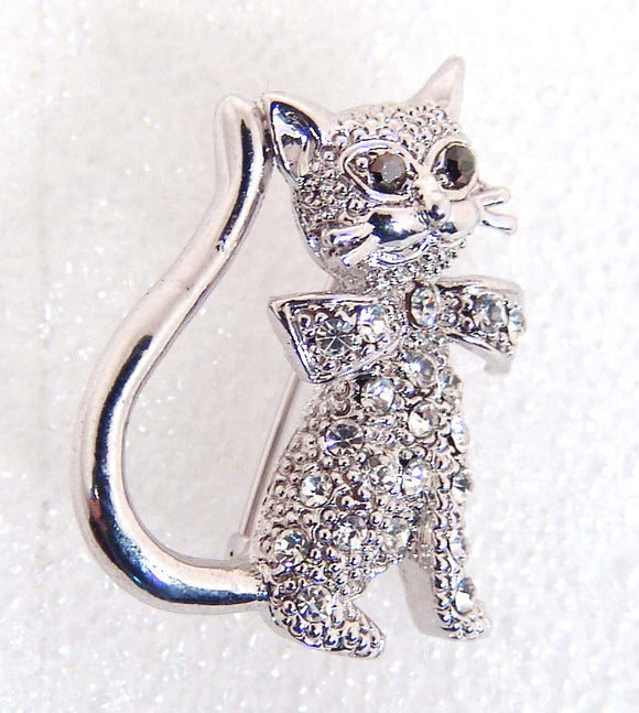 SILVER CAT BROOCH CLEAR CZ STONES ( 386 )