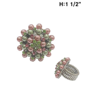 Pink Green Pearl and Clear Rhinestone Cluster Stretch Ring ( 5 RPL )