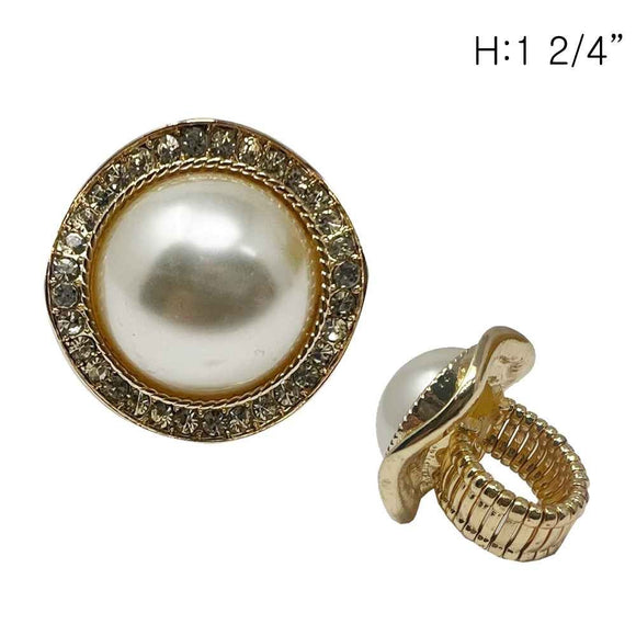 GOLD STRETCH RING CLEAR STONES CREAM PEARLS ( 93 GCR )