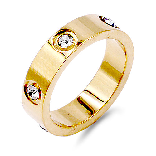 GOLD STAINLESS STEEL RING SIZE 8 CLEAR STONES ( 5104 GD8 )