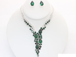 Silver Necklace Set Clear Green Stones ( 14029 SGN )