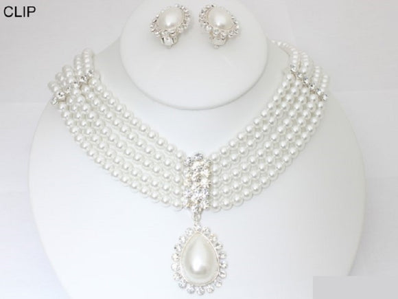 SILVER WHITE PEARL NECKLACE SET CLIP ON EARRINGS ( 19703 SWH )