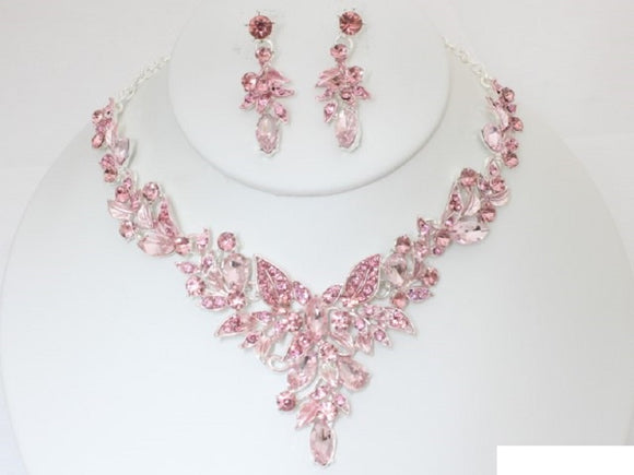 SILVER NECKLACE SET PINK STONES ( 19951 SLROS )