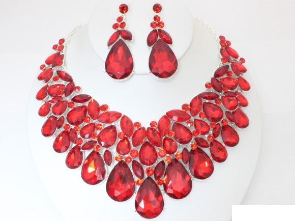 CLUSTER TEARDROP NECKLACE SET RED ( 20178 SRD )