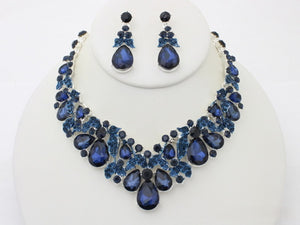 SILVER NECKLACE SET NAVY BLUE TEARDROP STONES ( 20709 SMON )