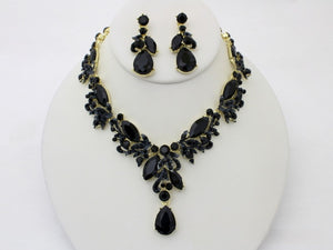 GOLD NECKLACE SET BLACK TEARDROP DROP STONES ( 20710 BK )