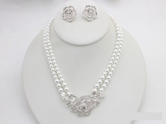 Silver White Pearl Flower Necklace Set ( 20794 SWH )
