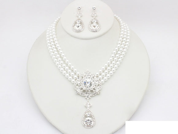 SILVER WHITE PEARL NECKLACE SET ( 20992 SWH )