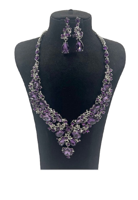 Purple Rhinestone Silver Formal Necklace Set ( 0058 3U-1 )