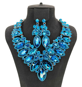 AQUA Blue 2 Line Marquise Rhinestone Formal Evening Necklace with Earrings ( 0059 )