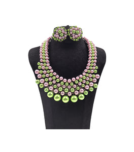 PINK GREEN PEARL NECKLACE SET ( 0078 3PKGR )