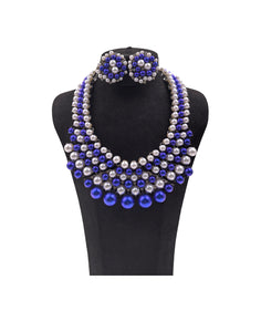 BLUE WHITE PEARL NECKLACE SET ( 0078 3RBWH )