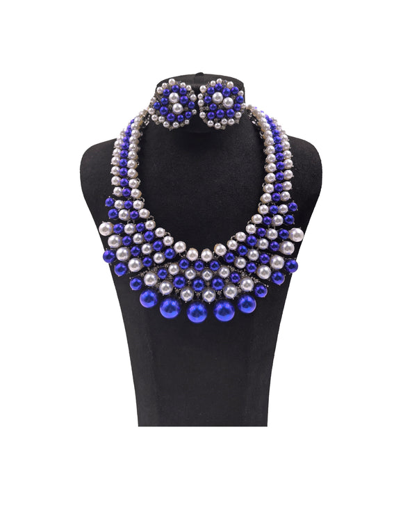 BLUE WHITE PEARL NECKLACE SET ( 0078 3RBWH )