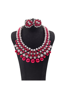 RED WHITE PEARL NECKLACE SET ( 0078 3RDWH )