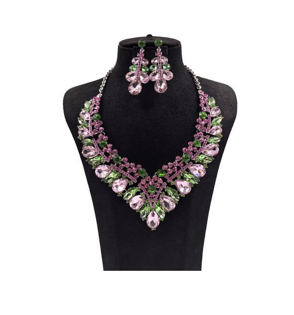 NECKLACE SET SILVER PINK GREEN ( 0118 3PG )