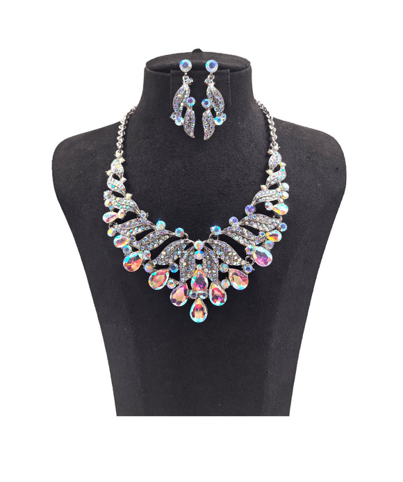 SILVER AB CRYSTAL NECKLACE SET ( 0146 3X )