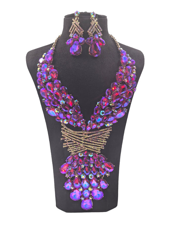 LARGE NECKLACE SET BIG STONES PURPLE AB ( 0151 2PUX )