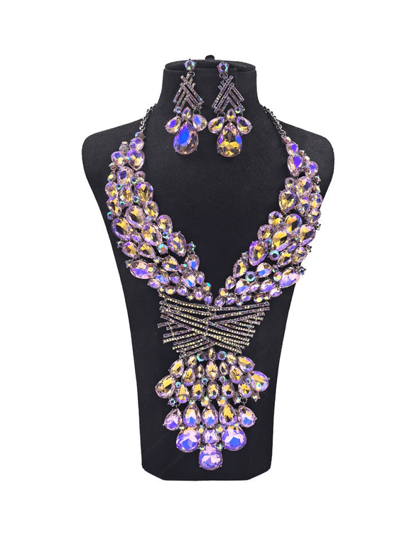 LARGE NECKLACE SET BIG STONES PURPLE AB ( 0151 3PX )