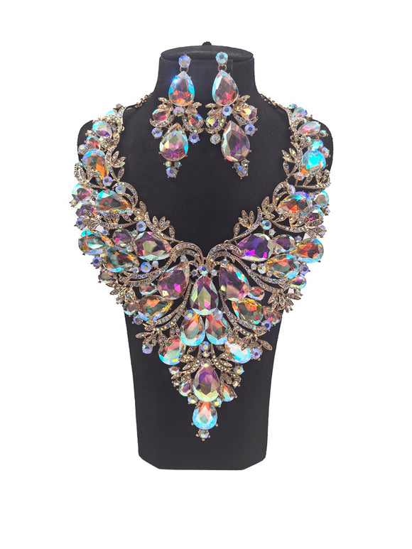 LARGE NECKLACE SET BIG STONES GOLD AB ( 0152 2X )