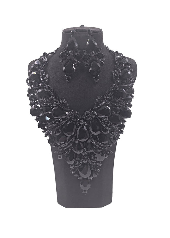 LARGE NECKLACE SET BIG STONES BLACK ( 0152 4J )