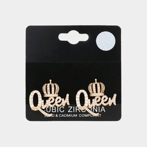 GOLD QUEEN CROWN EARRINGS CLEAR STONES ( 0269 2C )