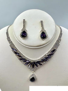 SILVER NECKLACE SET CLEAR PURPLE STONES ( 014 1PU )