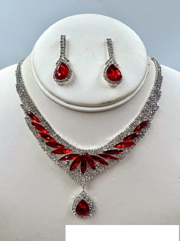 SILVER NECKLACE SET CLEAR RED STONES ( 014 1RD )
