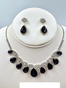 SILVER NECKLACE SET PURPLE DROP CLEAR STONES ( 017 1PU )