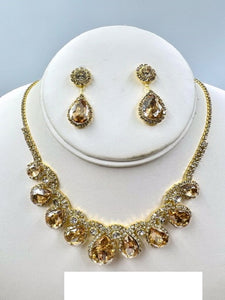 GOLD NECKLACE SET BROWN DROP CLEAR STONES ( 017 2BR )